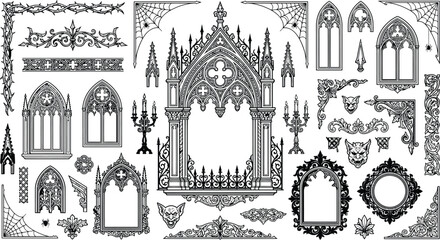 Gothic ornament and frame vector set. Thin line cathedral windows, medieval borders, candelabra, skulls and bat decorations for dark fantasy design, Halloween branding and engraving artwork