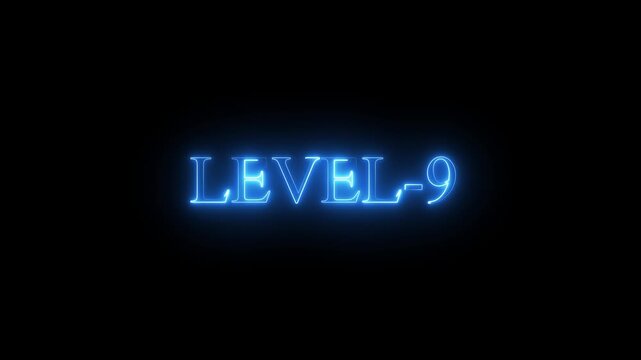 neon Level-9 text inside a horizontal banner on black background. level 9 text icon animation. Neon level up sign. neon next Level text.Level Thirty six text font with glowing neon light.Level .4k
