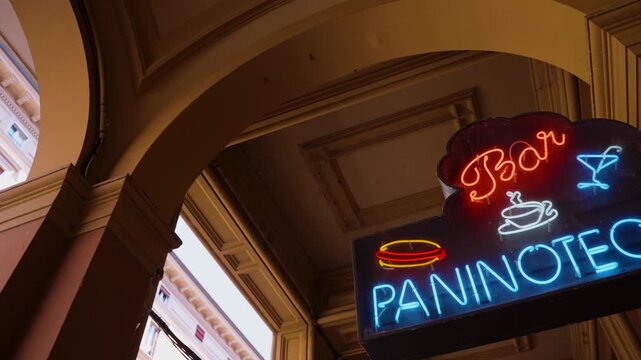 Neon coffee and sandwich store in Bologna Italy