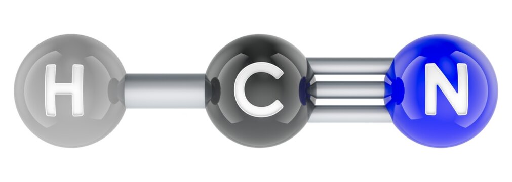 Hydrogen cyanide HCN molecule, hydrocyanic acid chemical model. 3D rendering