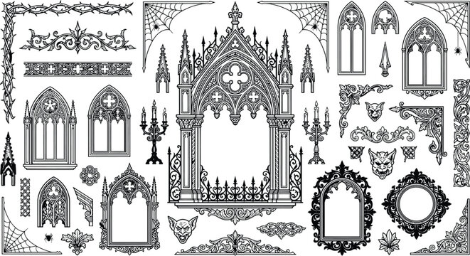Gothic ornament and frame vector set. Thin line cathedral windows, medieval borders, candelabra, skulls and bat decorations for dark fantasy design, Halloween branding and engraving artwork