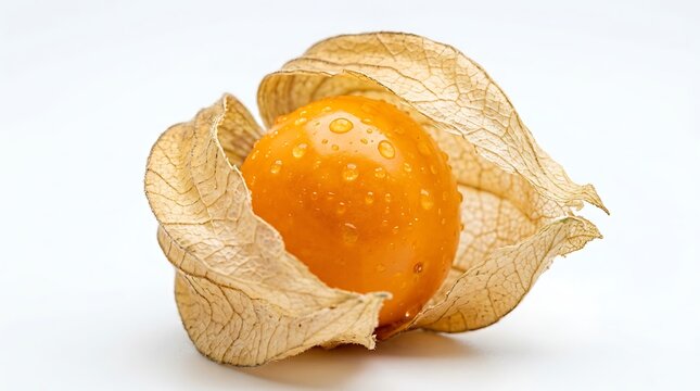 Fresh physalis fruit with water droplets inside a dry husk isolated on a white background