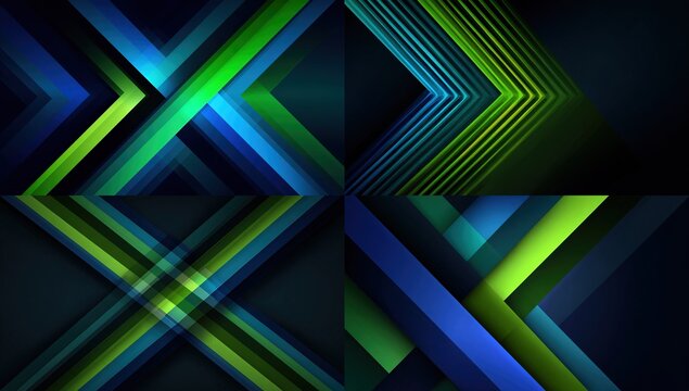 Abstract geometric composition with blue and dc costumed hero shapes on a dark