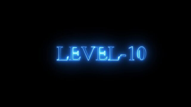 neon Level-10 text inside a horizontal banner on black background. level 9 text icon animation. Neon level up sign. neon next Level text.Level Thirty six text font with glowing neon light.Level .4k