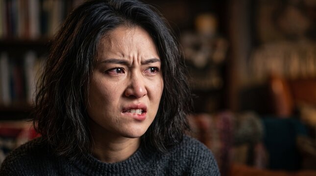怒りと葛藤を抱える若いアジア人女性の表情クローズアップ