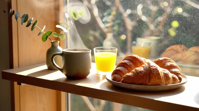 Breakfast with croissants and coffee on sunny windowsill
