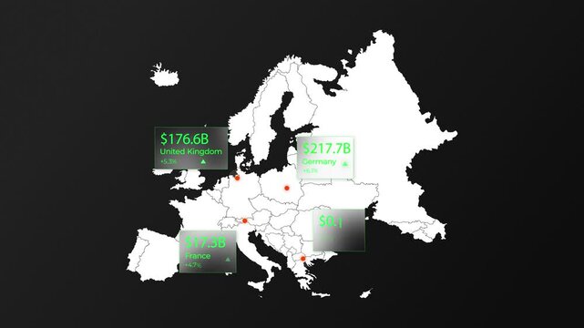 European map displaying live financial economic data indicators in a dynamic digital motion graphics video clip