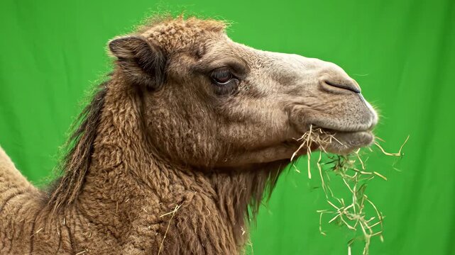 Dromedary camel head close up chewing food rhythmically against a bright green screen background for easy keying