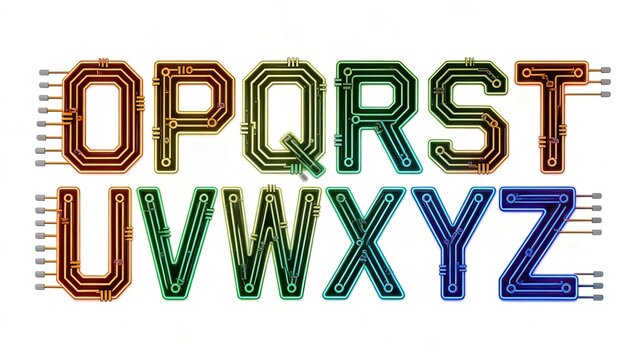 Complete uppercase alphabet A-Z, circuit board neon glowing font, colorful circuit trace pin electronic tech creative letter material on white background