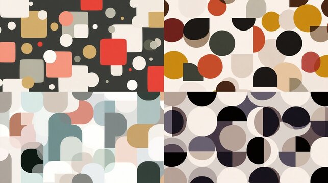 Abstract geometric pattern with simple shapes in a seamless repeating design, featuring squares, circles, and half-circles