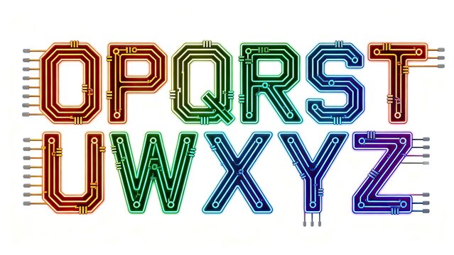 Complete uppercase alphabet A-Z, circuit board neon glowing font, colorful circuit trace pin electronic tech creative letter material on white background