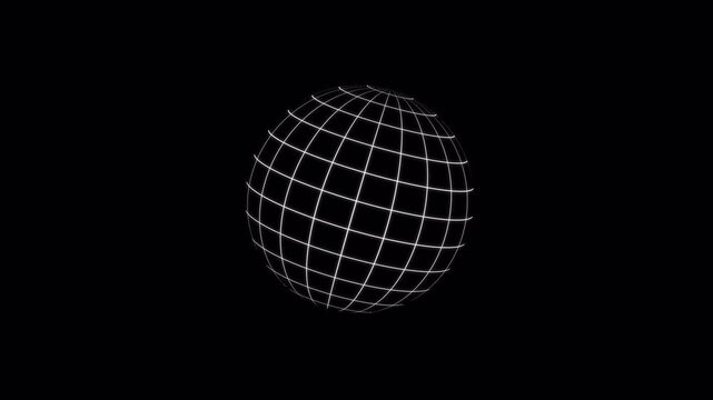 Rotating white wireframe grid sphere on a transparent background with alpha channel. Abstract 3D geometry, digital globe and technology motion graphic