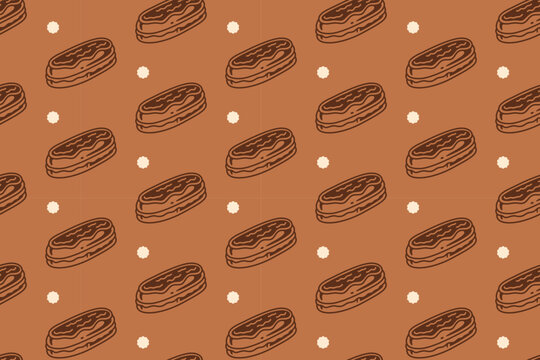 Chocolate eclair with dot engraved seamless pattern on tan background set for merchandise. Choux pastry doodle pattern background. Cream filled pastry hand drawn repeat motif wallpaper