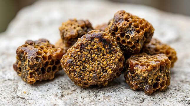 Raw bee pollen and honeycomb chunks on a textured stone surface macro photography