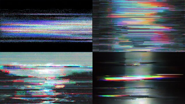 Abstract glitch art texture with static noise and retro video effect in a quad composition