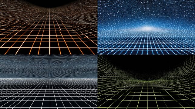 Abstract grid network with four different color schemes and perspectives