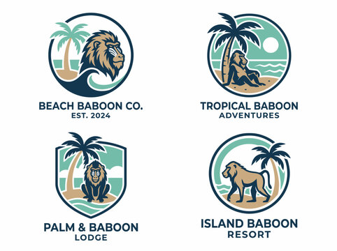 Set of four tropical baboon and monkey logo designs for travel brands