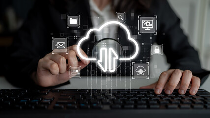 Fototapeta premium Cloud computing enables digital growth with secure data storage, scalable infrastructure, and strategic cloud-based business solutions. Latch