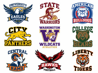 Naklejka premium Set of sports team logos with various animals and warrior mascots