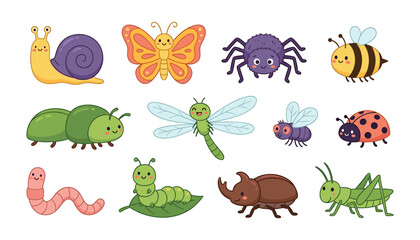 Cute cartoon insects vector set with friendly bug characters including butterfly bee spider ladybug caterpillar snail and grasshopperPrint © Monzurul
