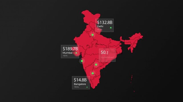 India map infographic shows dynamic financial growth data points in this animated digital motion video clip