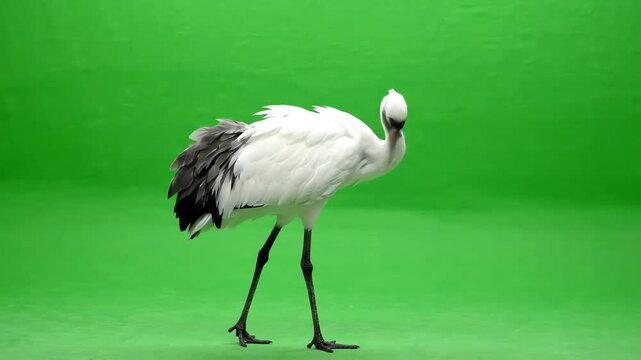 Elegant crane bird walking slowly across a bright green screen background with graceful leg movements and detailed feather texture