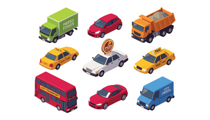 Isometric urban transport and city vehicles vector icons set with cars trucks taxis delivery van and double decker bus isolated on white background © Ruma