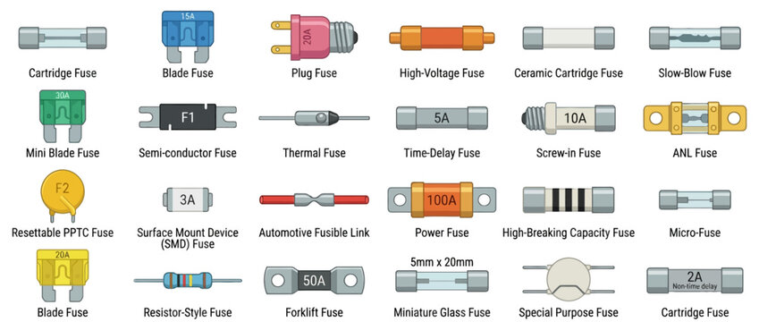 Collection of various electrical fuse types and circuit protection components