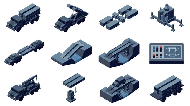 Collection of military vehicles and equipment in isometric view.
