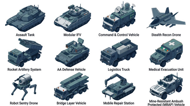 Collection of Military Vehicles and Equipment Icons.