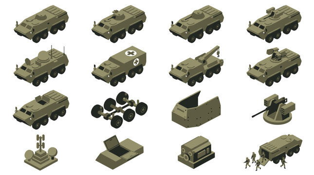 Collection of military vehicles and equipment in isometric view.