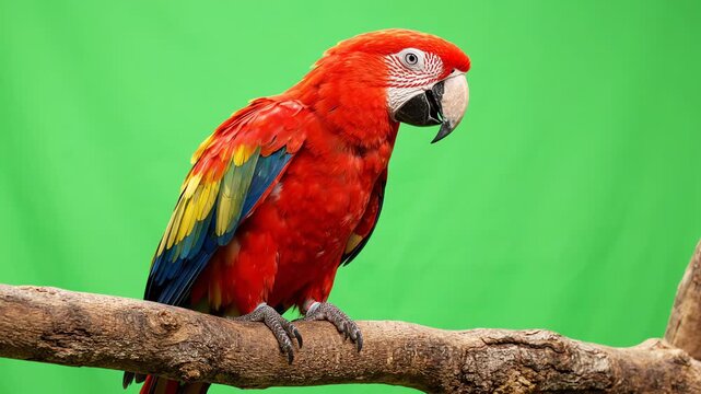 Exotic scarlet macaw parrot sitting on a wooden branch while turning its head and blinking against a professional chroma key green screen
