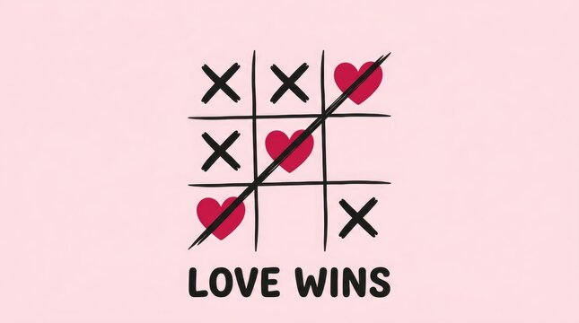 Tic tac toe game board showing red hearts winning over dark black crosses on pink