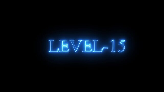 neon Level-15 text inside a horizontal banner on black background. level 9 text icon animation. Neon level up sign. neon next Level text.Level Thirty six text font with glowing neon light.Level .4k