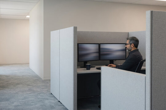 Office cubicle man computer monitor workspace business professional gray modern interior office cubicle man computer monitor workspace business professional Neurodivergent adult at work concept
