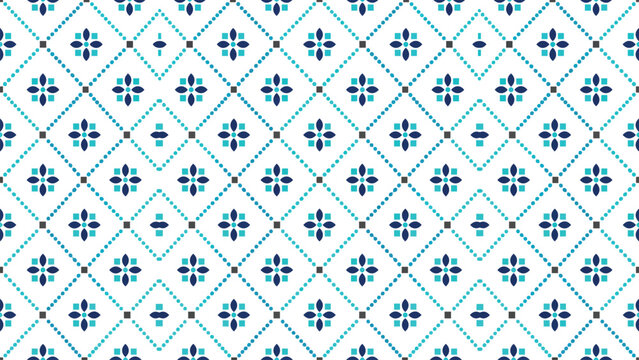 Blue Floral Tile Pattern with Geometric Diamonds for Seamless Texture.