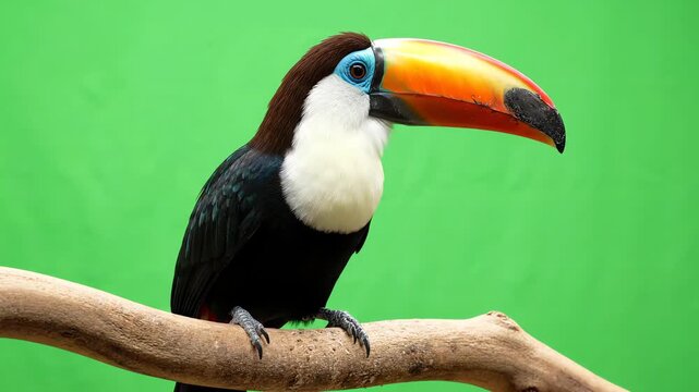 Exotic toco toucan perched on a wooden branch against a professional green screen background blinking and turning its head