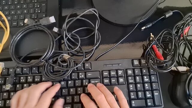 Hands typing on a keyboard with various computer cables nearby
