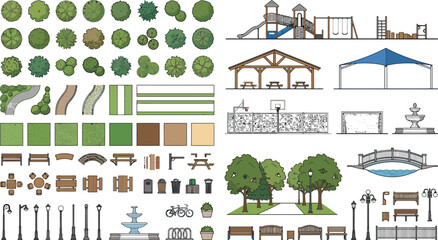 Landscape CAD blocks vector. Site plan trees, pergolas, gazebos, bridges, playgrounds and planting symbols for landscape architecture and urban masterplans © ProPixel Studio