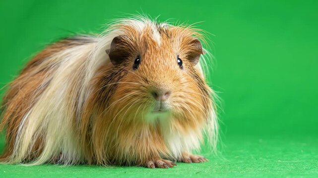Fluffy domestic guinea pig sitting on chroma key green screen background and slowly turning its head to look at the camera