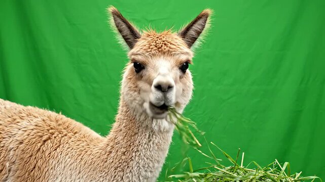 Fluffy alpaca chewing and eating grass while looking around in front of a professional chroma key green screen background