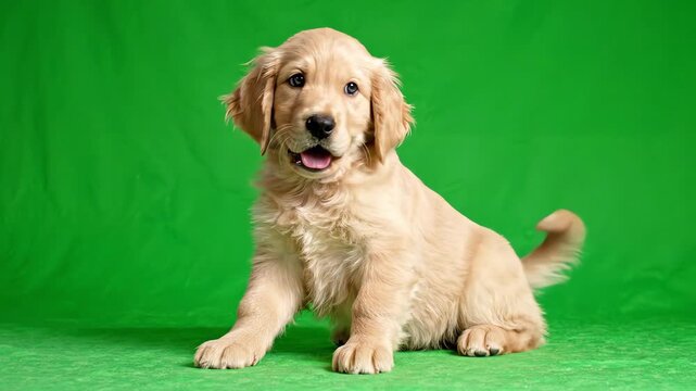 Fluffy golden retriever puppy sitting and tilting its head curiously while wagging its tail on a bright chroma key green screen background