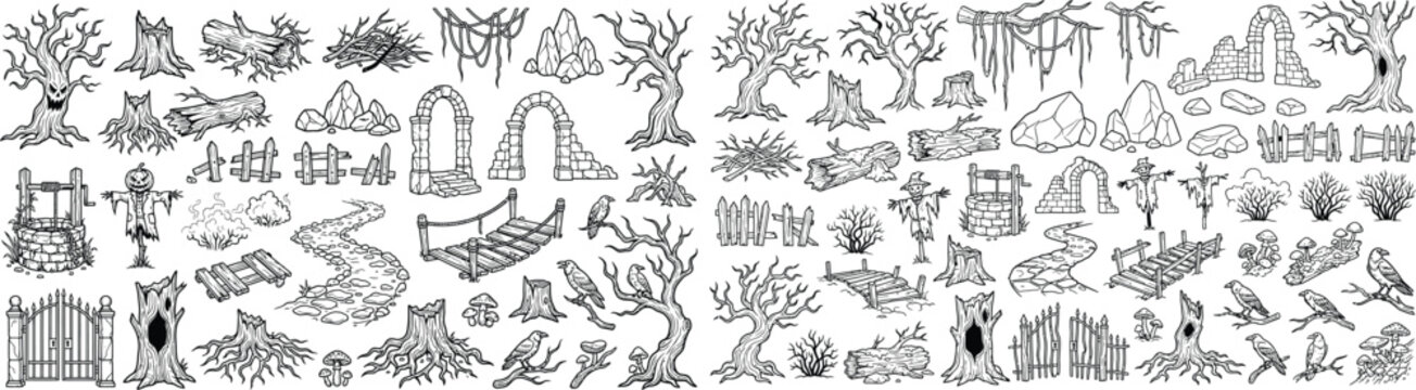 Landscape architecture entourage vector library. Hand drawn trees, shrubs, rocks, bridges, pathways, fences, benches and natural site elements for planting plans, masterplans and architectural