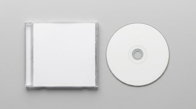 Blank white compact disc and clear plastic jewel case displayed on a smooth gray surface