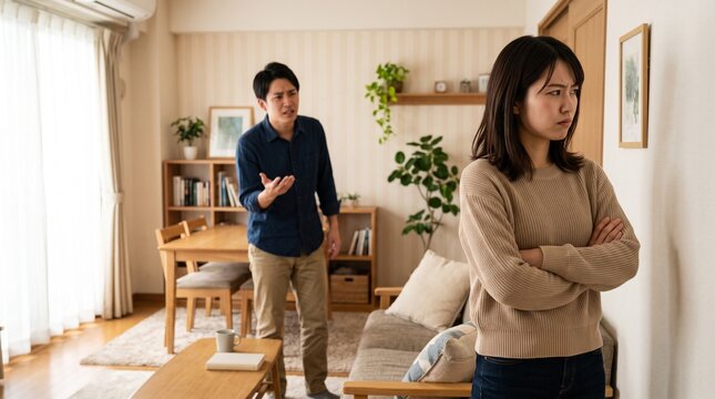 リビングで口論する若いカップル・夫婦喧嘩とすれ違いのイメージ