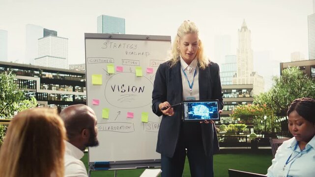Businesswoman presenting artificial intelligence implementation with tablet, action plan with AI neural networks system during informal workshop, group presentation with whiteboard.