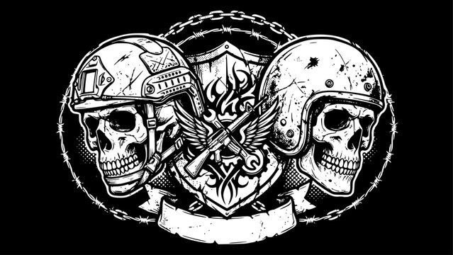Grunge Skulls Wearing Tactical and Biker Helmets Vector Illustration for Military and Rebel Artwork