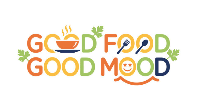 Good Food Good Mood Typography Logo Design with Culinary Icons and Kitchen Utensils