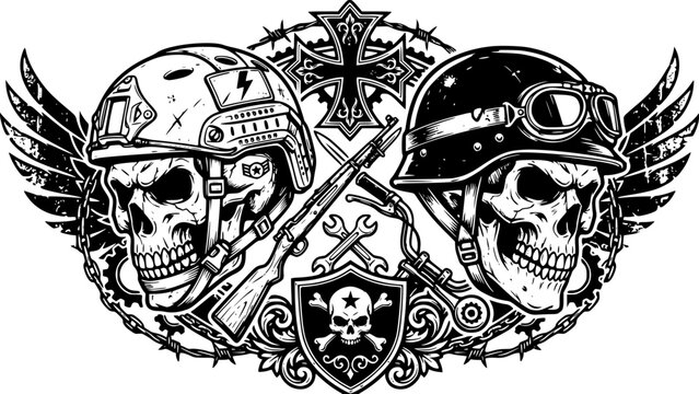 Grunge Skulls Wearing Tactical and Biker Helmets Vector Illustration for Military and Rebel Artwork
