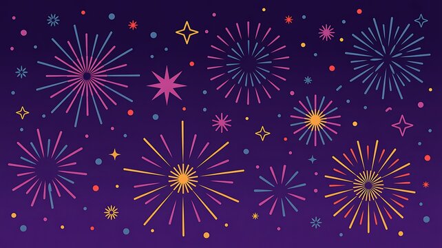 Colorful fireworks exploding in a dark night sky, creating a dazzling display of light and color. The fireworks are various shapes and sizes, with bursts of red, blue, yellow, and pink
